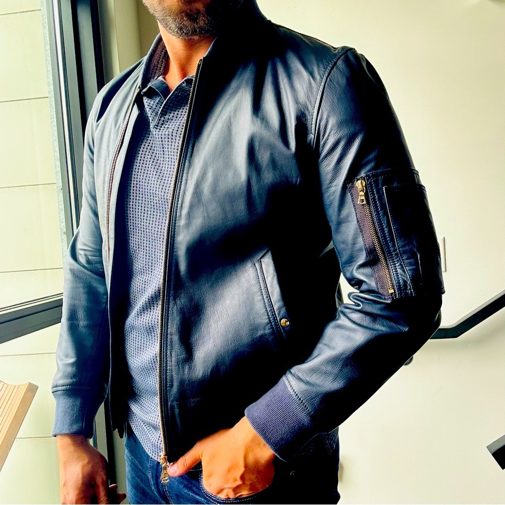 PAUL SMITH MEN's BLUE LEATHER MOTORCYCLE JACKET - M